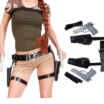 Beenholsters Tomb Raider en Pistolen van Fiestas Guirca koop je bij Partywinkel