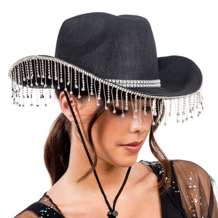 Sort cowboyhat med hængende strass – one size