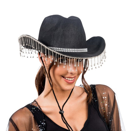 Sort cowboyhat med hængende strass – one size