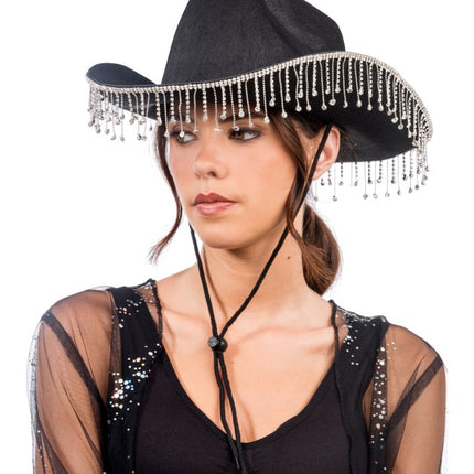 Sort cowboyhat med hængende strass – one size