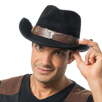 Sort cowboyhat med tyrehoved – én størrelse