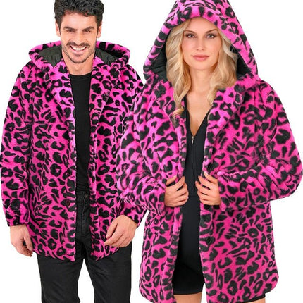 Bontjas Met Muts Pluche Luipaard Neon Roze van Widmann koop je bij Partywinkel