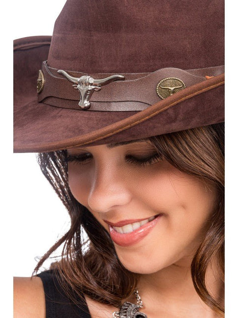 Bruine Cowboyhoed met Stierenkop One Size van CHAKS koop je bij Partywinkel