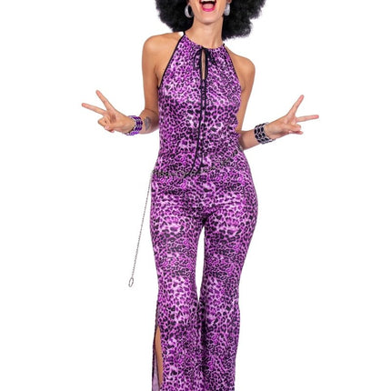 Disco 70S Jumpsuit Paars Dames Panterprint van Wilbers & Wilbers koop je bij Partywinkel