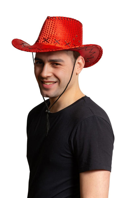 Cowboy Hoed Pailletten Rood van Partychimp koop je bij Partywinkel