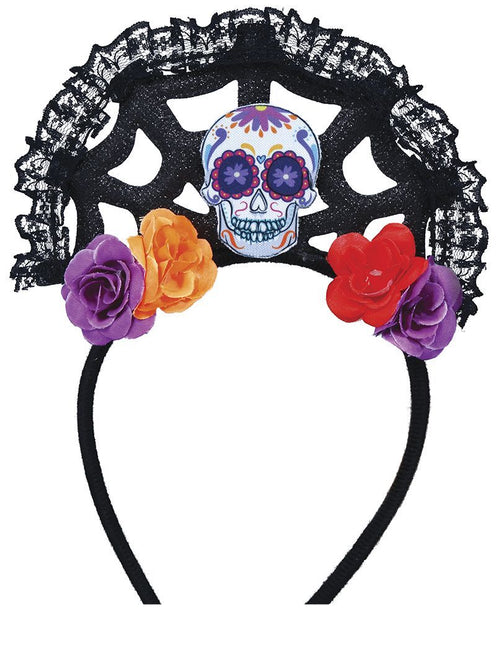 Dia De Los Muertos Haarband Bloemen En Doodshoofd van Fiestas Guirca koop je bij Partywinkel