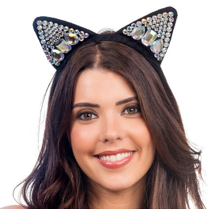Diadem med sorte katteører og strass, 22 x 17 cm
