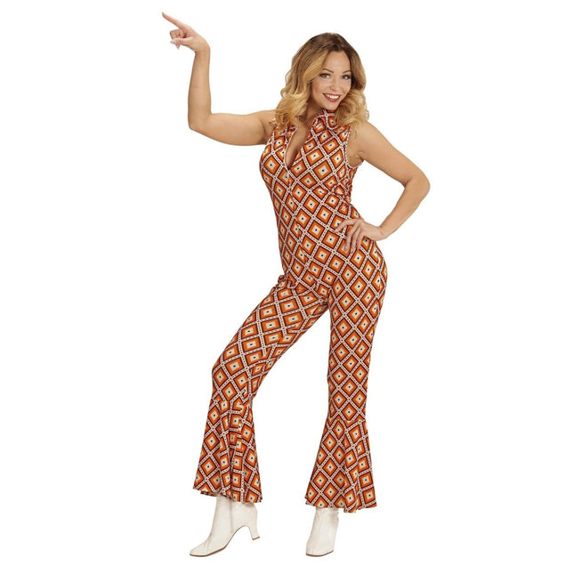 Disco 70S Jumpsuit Oranje Dames Geruit van Widmann koop je bij Partywinkel