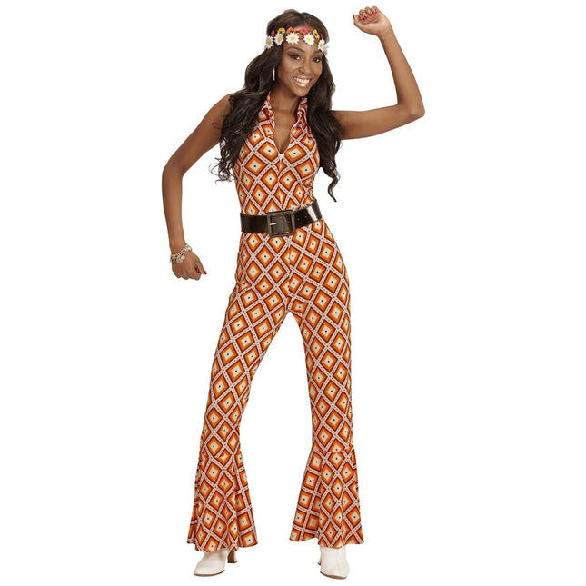 Disco 70S Jumpsuit Oranje Dames Geruit van Widmann koop je bij Partywinkel