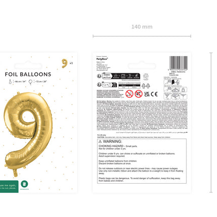 9 års figurballon guld tom 72 cm