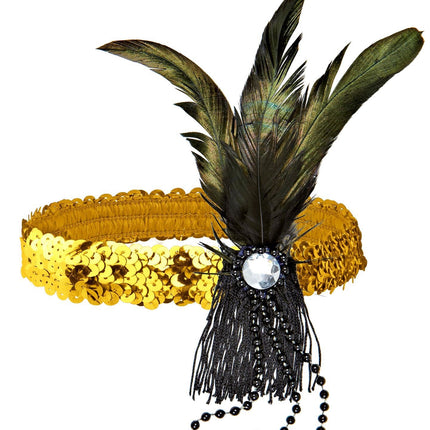 Guld pandebånd med pailletter og fjer