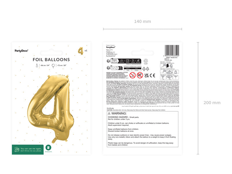 4 års figurballon guld tom 72 cm