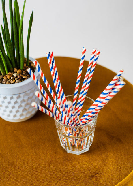 Rød, hvid, blå sugerør af pap 20 stk