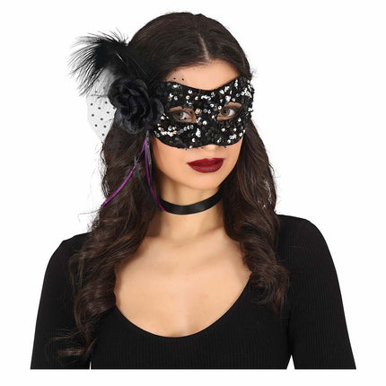 Sort øjenmaske med blomster og pailletter