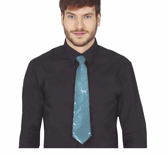 Lyseblå slips med pailletter 35 cm