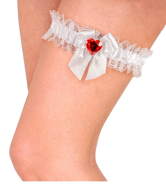 Hvide strømpebånd med rødt diamanthjerte