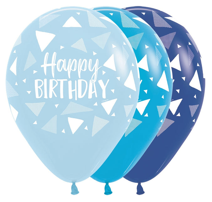 Balloner Happy Birthday Triangles Blue Mix 30cm 25stk