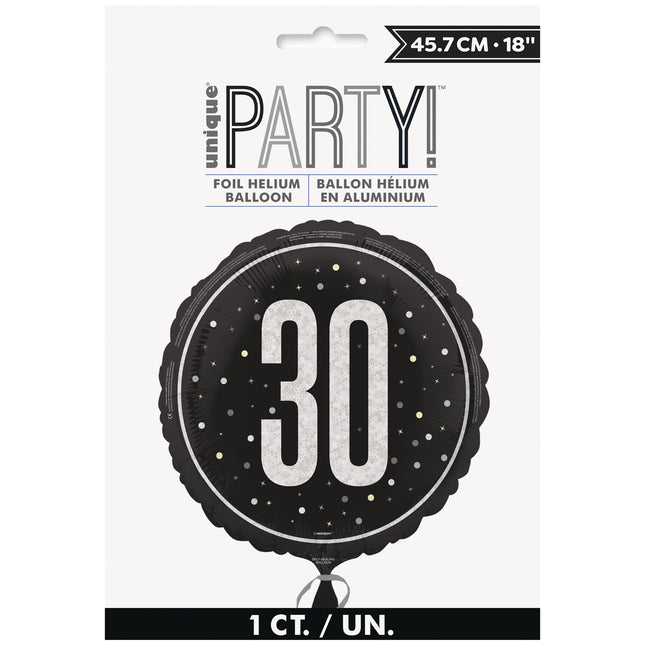 30 års heliumballon sort hvid tom 45 cm