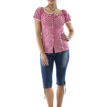 Carmen-bluse rød- og hvidternet, sløjfebånd