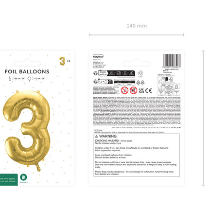 3 års figurballon guld tom 72 cm