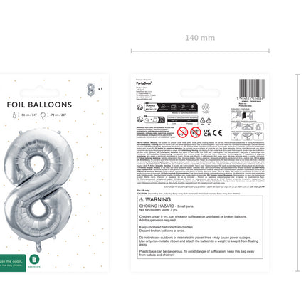 8 års figurballon sølv tom 72 cm