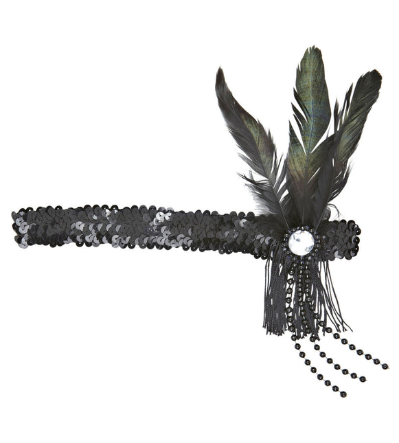 Sort pandebånd med pailletter og fjer