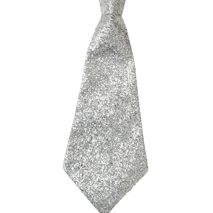 Sølvfarvet slips med glitter og elastik
