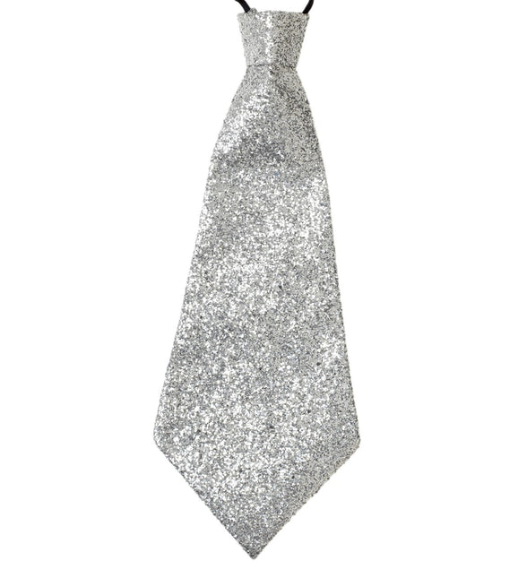 Sølvfarvet slips med glitter og elastik