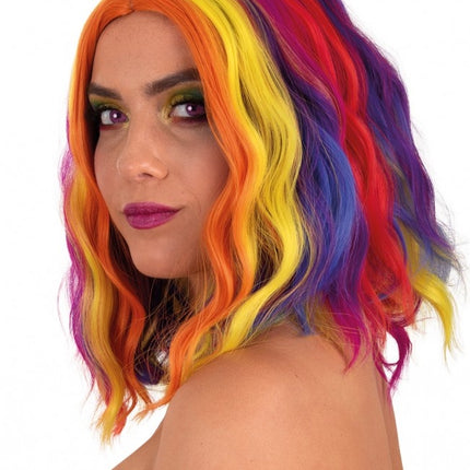 Paryk Alicia halvlang med bølge rød, gul og orange