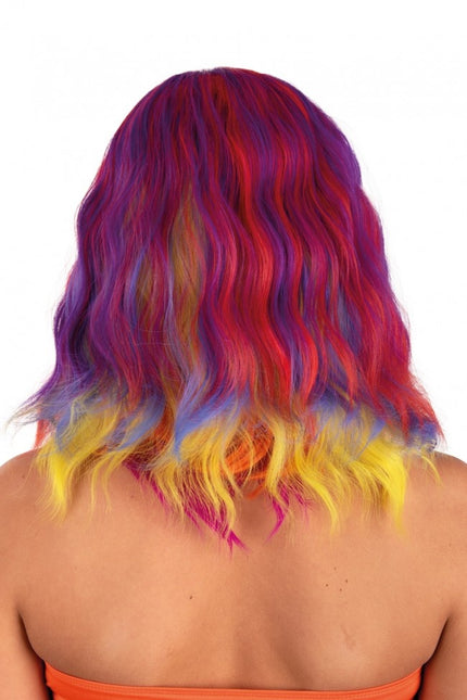 Paryk Alicia halvlang med bølge rød, gul og orange