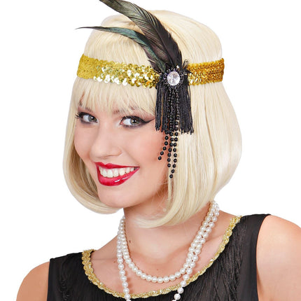 Guld pandebånd med pailletter og fjer