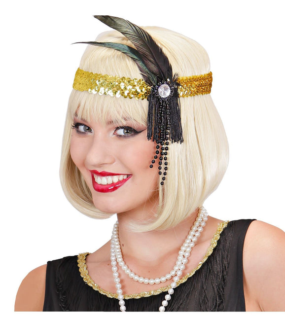 Guld pandebånd med pailletter og fjer