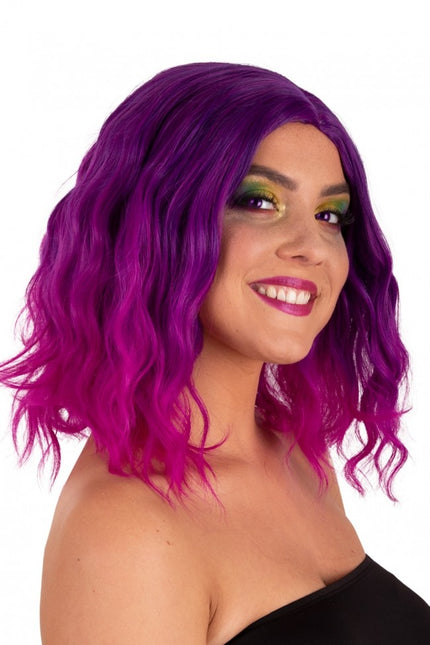 Paryk Alicia halvlang med bølge lilla til pink
