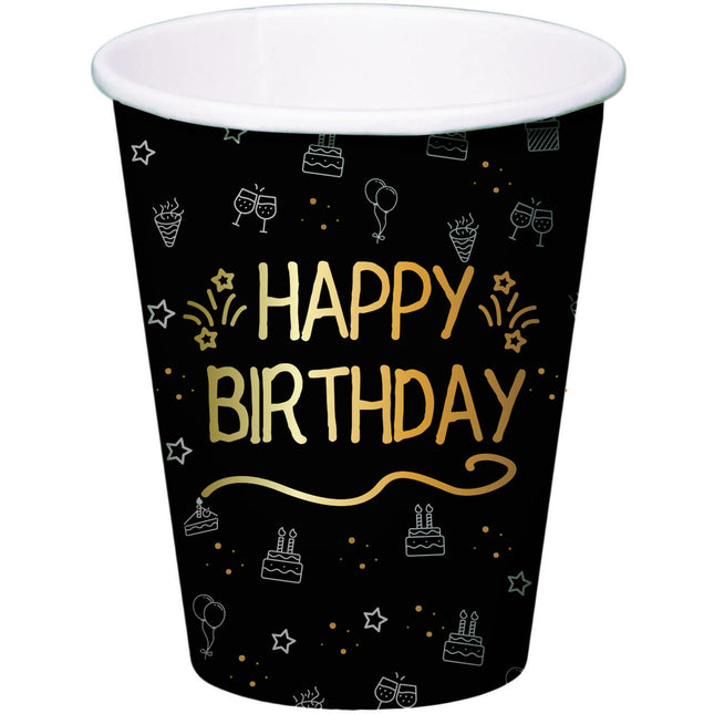 Happy Birthday-kopper i sort papir 250 ml 8 stk