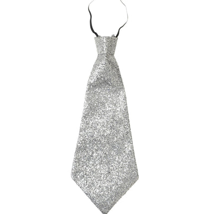 Sølvfarvet slips med glitter og elastik