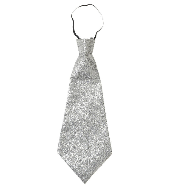 Sølvfarvet slips med glitter og elastik