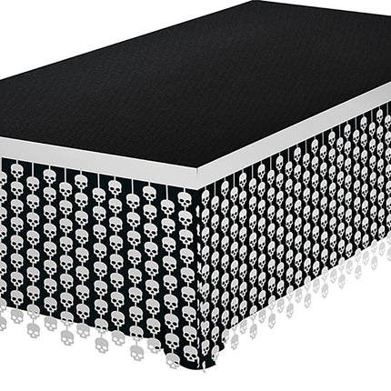 Hvidt Halloween-bordskørt med dødningehoveder 4m
