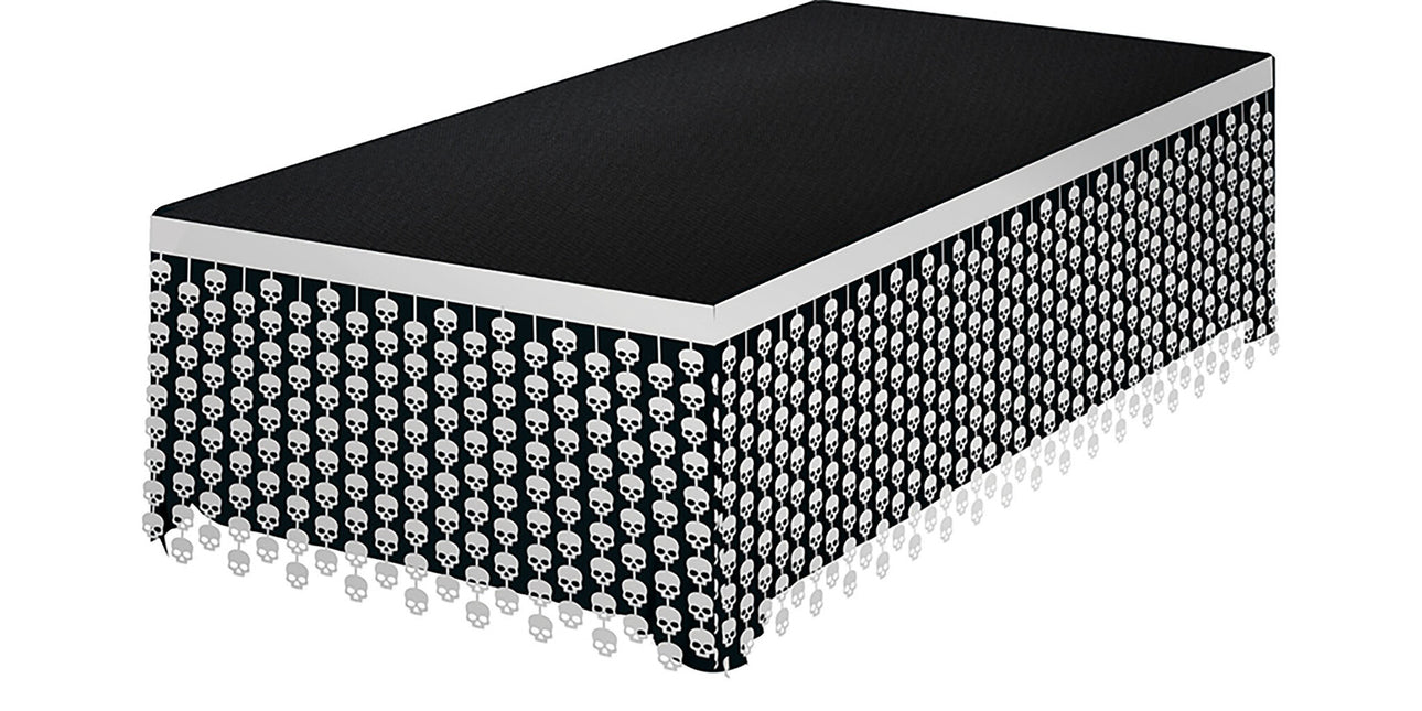 Hvidt Halloween-bordskørt med dødningehoveder 4m