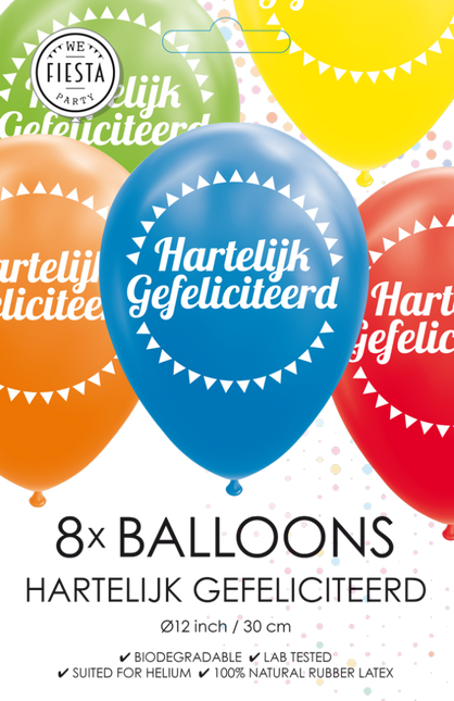 Gekleurde Ballonnen Hartelijk Gefeliciteerd 30,5cm 8st