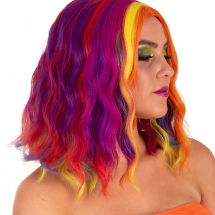 Paryk Alicia halvlang med bølge rød, gul og orange