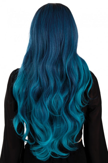 Paryk Selena Langt hår med krøller Sort Petrol Blå
