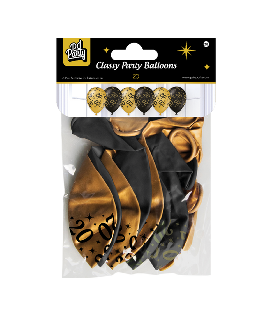 Guld-sorte balloner 20 år 30 cm 6 stk
