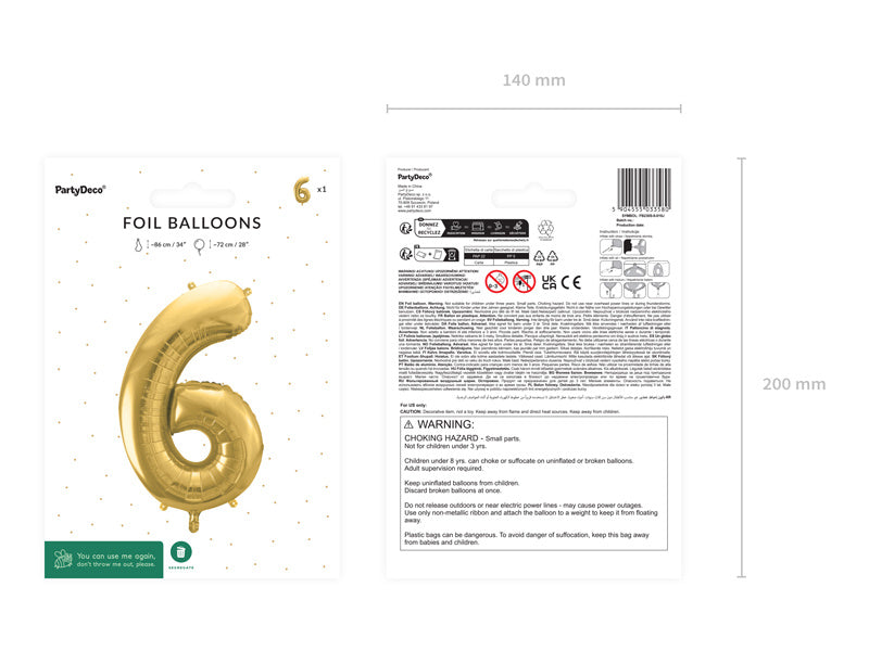 6 års figurballon guld tom 72 cm