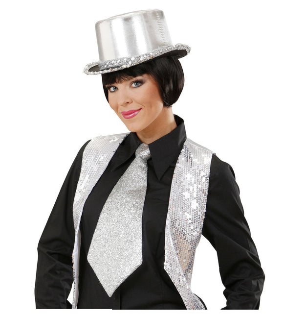 Sølvfarvet slips med glitter og elastik