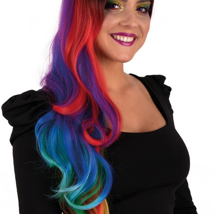 Paryk Selena Lang med krøller Rainbow All Over