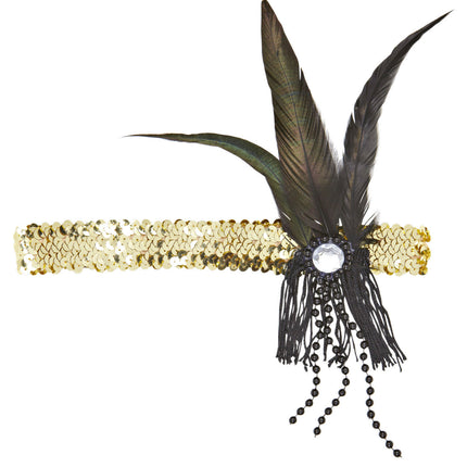 Guld pandebånd med pailletter og fjer
