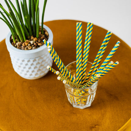 Blå gule sugerør af pap 20 stk