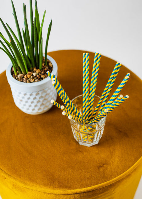 Blå gule sugerør af pap 20 stk