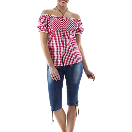 Carmen-bluse rød- og hvidternet, sløjfebånd