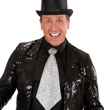 Sølvfarvet slips med glitter og elastik